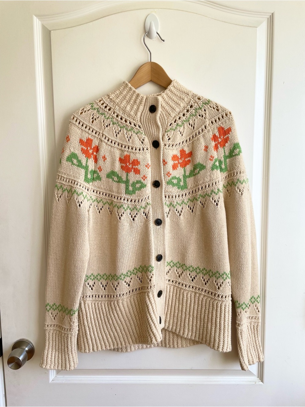 LL Bean Signature Womens Cotton Fisherman cardigan Size L Fair Isle 100% Cotton